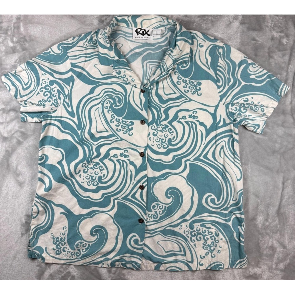 Rix Island Wear‎ Mens Large Teal White Wave Print Cotton Aloha Shirt Made Hawaii